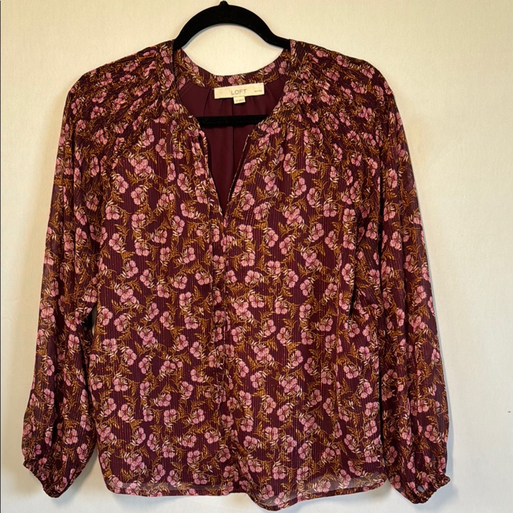 LOFT‎ Burgundy Floral Blouse Metallic Thread Petite Small Boho